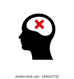 Head with red cross icon. bad mental health logo.  bad mind illustration. 