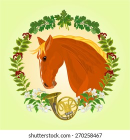 The head  red Horse leaves and french horn hunting theme vector illustration