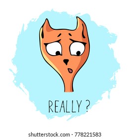 The head of a red surprised cat with the inscription "really" in the style of a cartoon. Vector image of hand-drawn isolated on white.