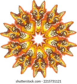 The head of a red wolf or fox with a crystalline effect in the form of a sun isolated on a white background. The wolf's head forms a mandala or decorative sun for emblems or fabric, prints, interiors