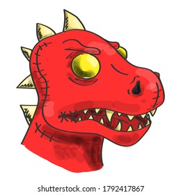 Head of a red zombie dinosaur vector isolated. Colorful and funny print for clothing. Cartoon monster, spooky character. Horror halloween decoration.