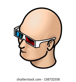 Head with red-cyan 3D glasses. 