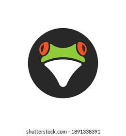 Head red-eyed tree frog logo pet shop emblem, fun tropical animal round zoo logotype.