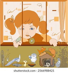 Head of a red-haired girl in the window. She has freckles. Toys and animals in the foreground. Grass.