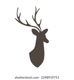 Head of reindeer. Black silhouette mammal animal with antlers on white background. Vector flat illustration.