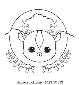 head of reindeer in frame circular with crown of leaves