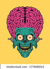 Head of Retro Vintage Alien Attack With Big Brain Vector Illustration