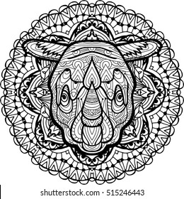 The head of a Rhino is drawn by hand with ink, with ethnic patterns. Zendoodle, zenart. Circular mandala tribal patterns. Coloring book for adults. Coloring antistress. Element for your design.