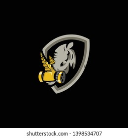 Head rhino logo with shield.