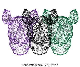 The head of a rhinoceros. Meditation, coloring of the mandala. Fluffy ears, big horn on the nose. Drawing manually, templates. Strips, points, arrows. Spots of watercolor paint, spray. Print, logo.