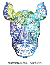 The head of a rhinoceros. Meditation, coloring of the mandala. Fluffy ears, big horn on the nose. Drawing manually, templates. Strips, points, arrows. Spots of watercolor paint, spray. Print, logo.