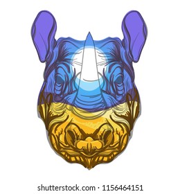 Head of the rhinoceros with the night landscape of the African Savannah. Vector illustration for prints on t-shirts, tattoos and much more.