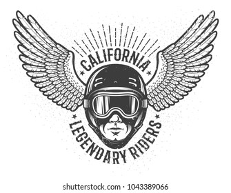 Head of the rider in helmet and sports goggles with wings on the sides - vintage emblem. Worn texture on separate layers and can be disabled.