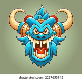Head of roaring monster with horns and bared teeth - cartoonish logo style. Vector illustration.