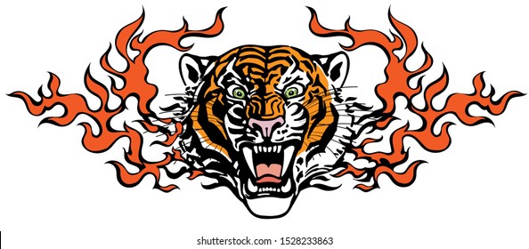 Cabeza de tigre rugiendo en lenguas de llama. Furioso gato grande salvaje. Vista frontal. Ilustración vectorial de estilo tatuaje tribal