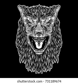 Head of roaring wolf or werewolf. Team, sport mascot, T-shirt print Halloween concept. Blackwork adult tattoo flash line style Vector.