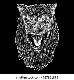Head of roaring wolf or werewolf. T-shirt print Halloween concept. Blackwork adult tattoo flash line style Vector.
