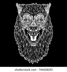 Head of roaring wolf or werewolf. T-shirt print Halloween concept. Blackwork adult tattoo flash line style Vector.