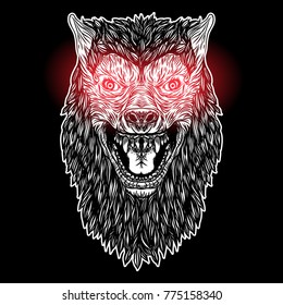 Head of roaring wolf or werewolf. T-shirt print Halloween concept. Blackwork adult tattoo flash line style Vector.