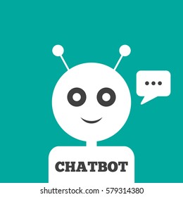 The head of the robot with antennas, message in a rectangular speech bubble, text Chatbot. Vector illustration.  Blue, white, dark gray.

