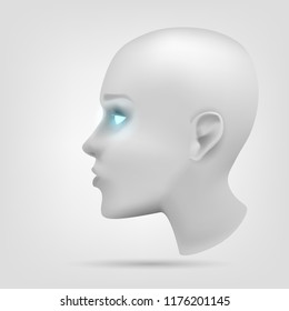 The head of the robot, the face of the android with luminous eyes. Cyber human, technology, conception: artificial intelligence, bioengineering