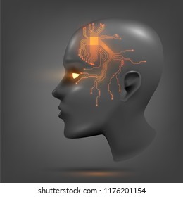 The head of the robot, the face of the android with luminous eyes. Cyber human, technology, conception: artificial intelligence, bioengineering - Shutterstock ID 1176201154