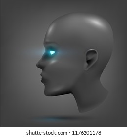 The head of the robot, the face of the android with luminous eyes. Cyber human, technology, conception: artificial intelligence, bioengineering