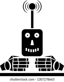 head of robot face and hand with antenna happy smile portrait flat icon retro vintage style vector illustration