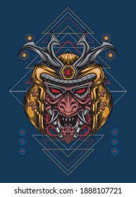 head robot mecha head samurai logo illustration with sacred geometry pattern as teh background 