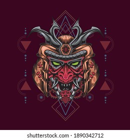 Kopfroboter mecha Kopf Samurai Logo-Illustration mit sakralem Geometriemuster als Hintergrund 