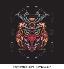 head robot mecha head samurai logo illustration with sacred geometry pattern as teh background 