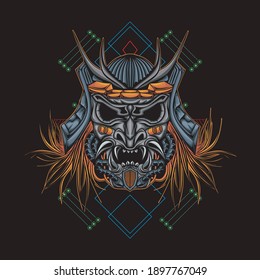 Dibujo del logo del robot de cabeza mecha samurai con un patrón de geometría sagrada como fondo