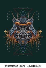 Head-Roboter mecha Kopf Samurai Logo-Illustration mit sakralen Geometrie Muster als Hintergrund