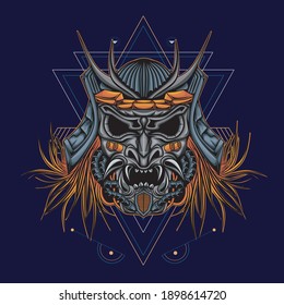 Dibujo del logo del robot de cabeza mecha samurai con un patrón de geometría sagrada como fondo