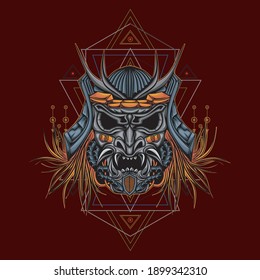 Head robot mecha head samurai logo illustration with sacred geometry pattern as teh background
