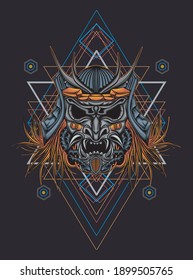 Head-Roboter mecha Kopf Samurai Logo-Illustration mit sakralen Geometrie Muster als Hintergrund