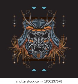 Dibujo del logo del robot de cabeza mecha samurai con un patrón de geometría sagrada como fondo