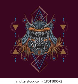 Head-Roboter mecha Kopf Samurai Logo-Illustration mit sakralen Geometrie Muster als Hintergrund