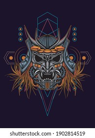 Head-Roboter mecha Kopf Samurai Logo-Illustration mit sakralen Geometrie Muster als Hintergrund
