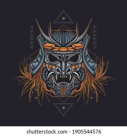 Dibujo del logo del robot de cabeza mecha samurai con un patrón de geometría sagrada como fondo
