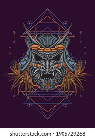 Dibujo del logo del robot de cabeza mecha samurai con un patrón de geometría sagrada como fondo