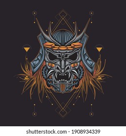 Head robot mecha head samurai logo illustration with sacred geometry pattern as teh background