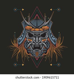 Head robot mecha head samurai logo illustration with sacred geometry pattern as teh background