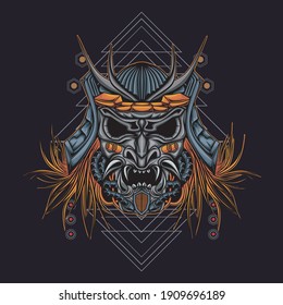 Head robot mecha head samurai logo illustration with sacred geometry pattern as teh background