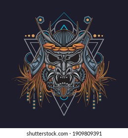 Head robot mecha head samurai logo illustration with sacred geometry pattern as teh background