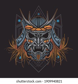 Head robot mecha head samurai logo illustration with sacred geometry pattern as teh background