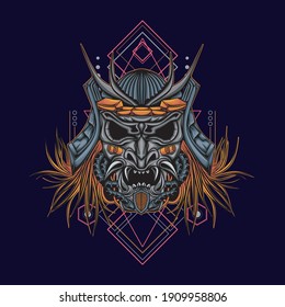 Dibujo del logo del robot de cabeza mecha samurai con un patrón de geometría sagrada como fondo