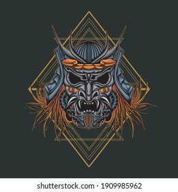 Head robot mecha head samurai logo illustration with sacred geometry pattern as teh background