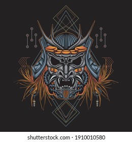 Head robot mecha head samurai logo illustration with sacred geometry pattern as teh background