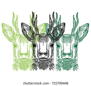 Head of roe deer. Meditation, coloring of the mandala. Head of a deer with horns. Drawing manually, templates. Strips, points, arrows.